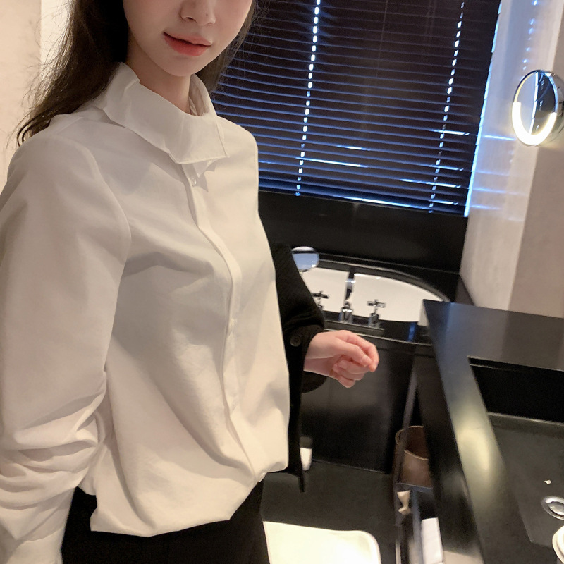 Lace Collar Shirt, Simple White Waist-Cinching Slim-Fit Blouse, Early Spring New Style, Elegant Workwear Inner Layering Top for Winter