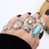 Retro ethnic turquoise fashionable set, ring, European style, ethnic style, 8 pieces