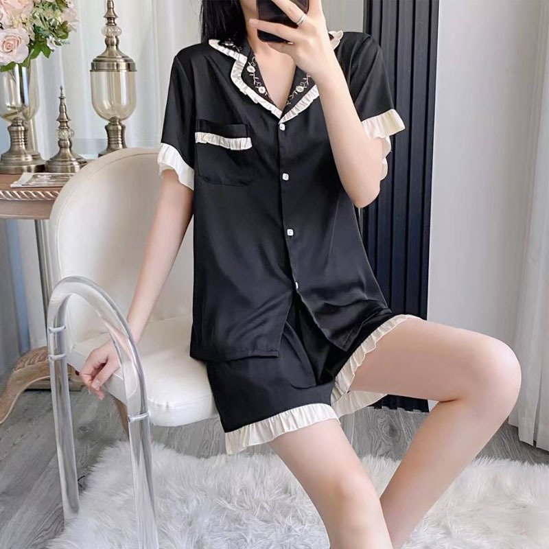 Tian Kexin 얼음과 눈 실크 곰 24 아이스 실크 파자마 실크 여성 실크 반팔 반바지 단색 홈 의류