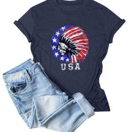 外贸亚马逊欧美服装美国独立日印花字母USA圆领短袖T恤