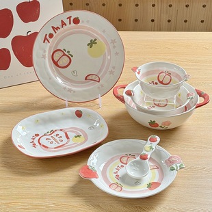 Xifan Ni High-Temperature Underglaze Color Bowl and Plate Set Ceramic Rice Bowl for Home Use, High-Value Girlish Heart Plate and Bowl Complete Set