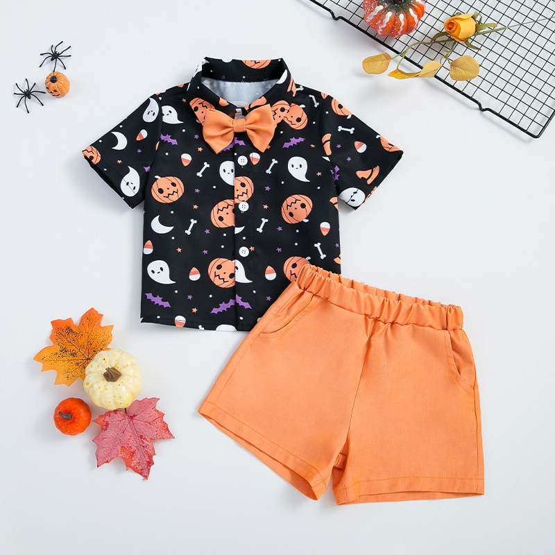 ヨーロッパとアメリカの子供服ハロウィン男の子服プリントカボチャシャツショーツスーツベビーパーティー紳士ドレス|undefined