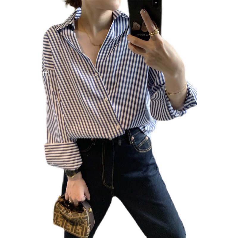 帮手主图-条纹衬衫女设计感小众春秋2021新款复古港风衬衣宽
