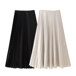 Foreign trade wholesale spring new European and American style silk satin texture solid color Joker pleated skirt 9878052