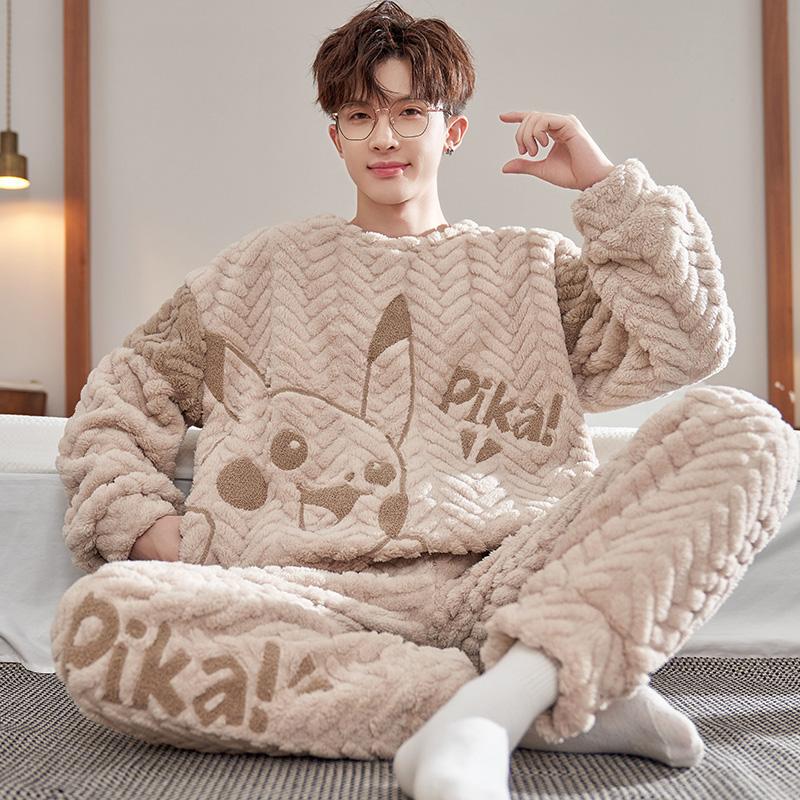 Autumn and Winter Men's Pajamas Coral Velvet Thickeneded Velvet Flannel Winter Teenagers Boys Home Clothes Set Autumn and Winter Men's Pajamas Coral Velvet Thickeneded Velvet Flannel Winter Teenagers Boys Home Clothes Set