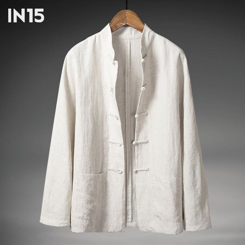 Primavera y otoño Nuevo estilo chino retro para hombres Camisa de lino de estilo chino Camisa de manga larga con hebilla de algodón y lino para hombres con cuello alto Traje Tang