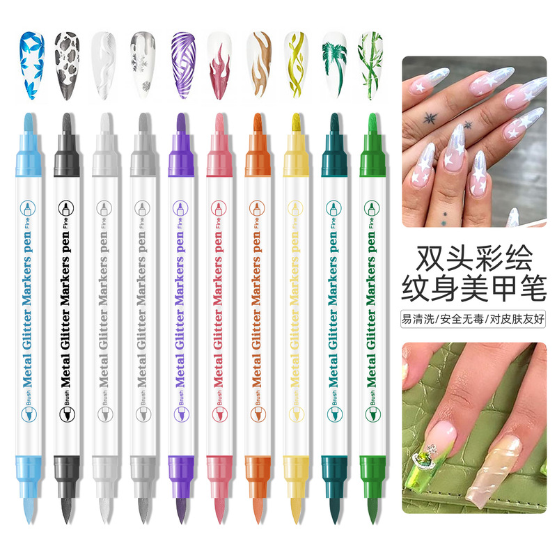Cross-border exclusive for double-headed nail painting graffiti pen tattoo pen 10 color set of hand account painting acrylic marker pen