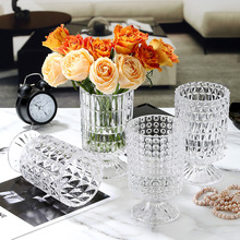 简约加厚玻璃花纹花瓶高脚透明花器家居装饰摆件创意水培花瓶批发