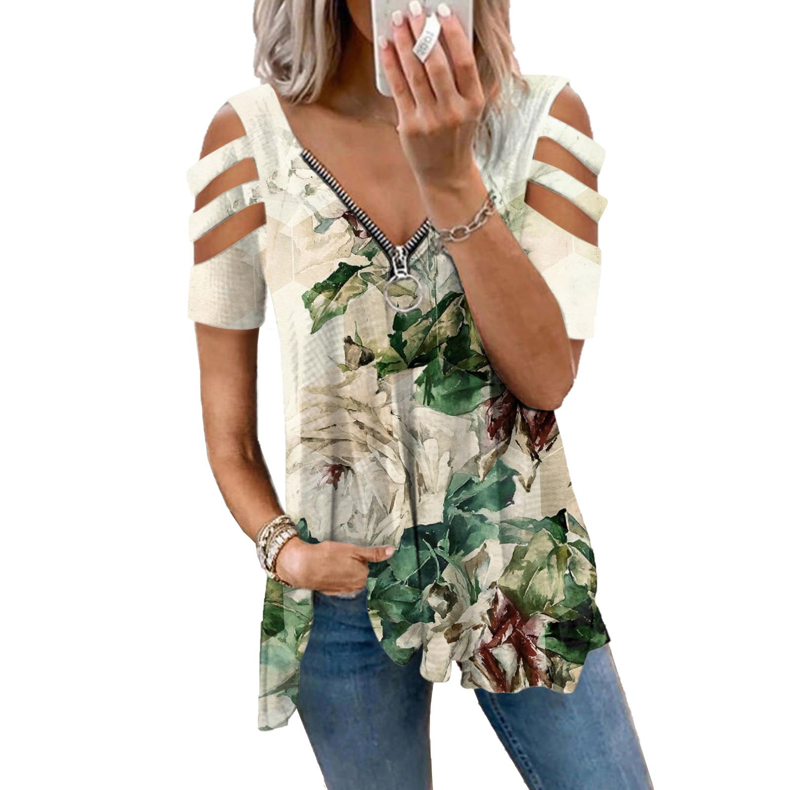 2023V领拉链短袖女夏薄款2023爆款宽松上衣潮流厂家直销