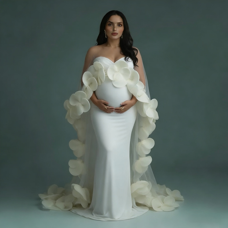 White Petal-Trailing Gown for Pregnant Women for Photo Shoots, Studio Maternity Photos, Strapless Flowing Long Dress for Photo Shoots White Petal-Trailing Gown for Pregnant Women for Photo Shoots, Studio Maternity Photos, Strapless Flowing Long Dress for Photo Shoots