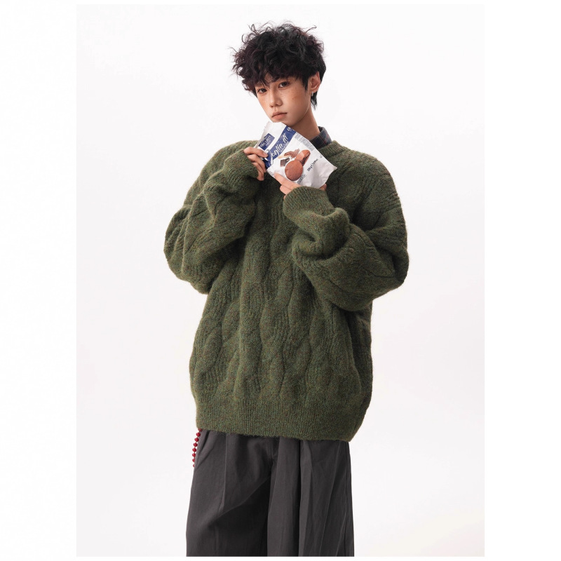 Retro Atmosphere Round Neck Sweater for Men and Women in Autumn and Winter Loose and Lazy Twist Thick Couple Knitted Jacket Top