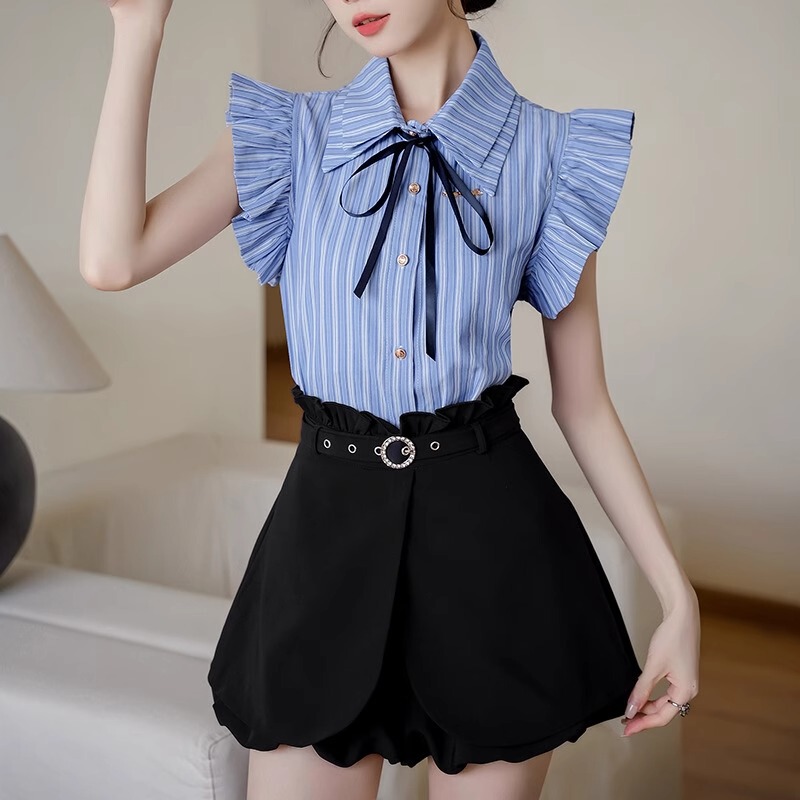 College Style Casual Fashion Suit Summer Korean Style Sweet Little Blue Striped Shirt Shorts Two-Piece Set