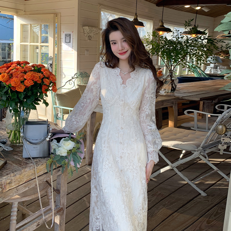 Am Nana French Beautiful Long-Sleeved Dress, Feminine Petite Fairy Skirt, Gentle Style Slimming Look Long Skirt