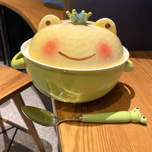 Exquisite】Frog Instant Noodle Bowl 700ml Cute Double-Eared Ceramic Instant Noodle Bowl with Lid for Dormitory Students and Home Use