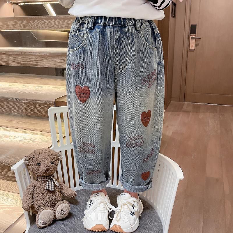 New Women's Children's Spring Summer Jeans for Kids, Children's Spring Outfit, Cute Heart-shaped Embroidered Pants for Girls