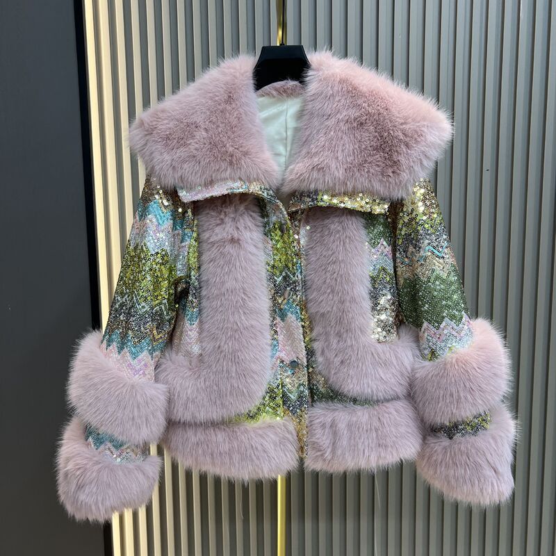 仿狐狸毛皮草外套女25秋冬季新款时尚亮片加厚棉服甜美洋气毛毛衣|undefined