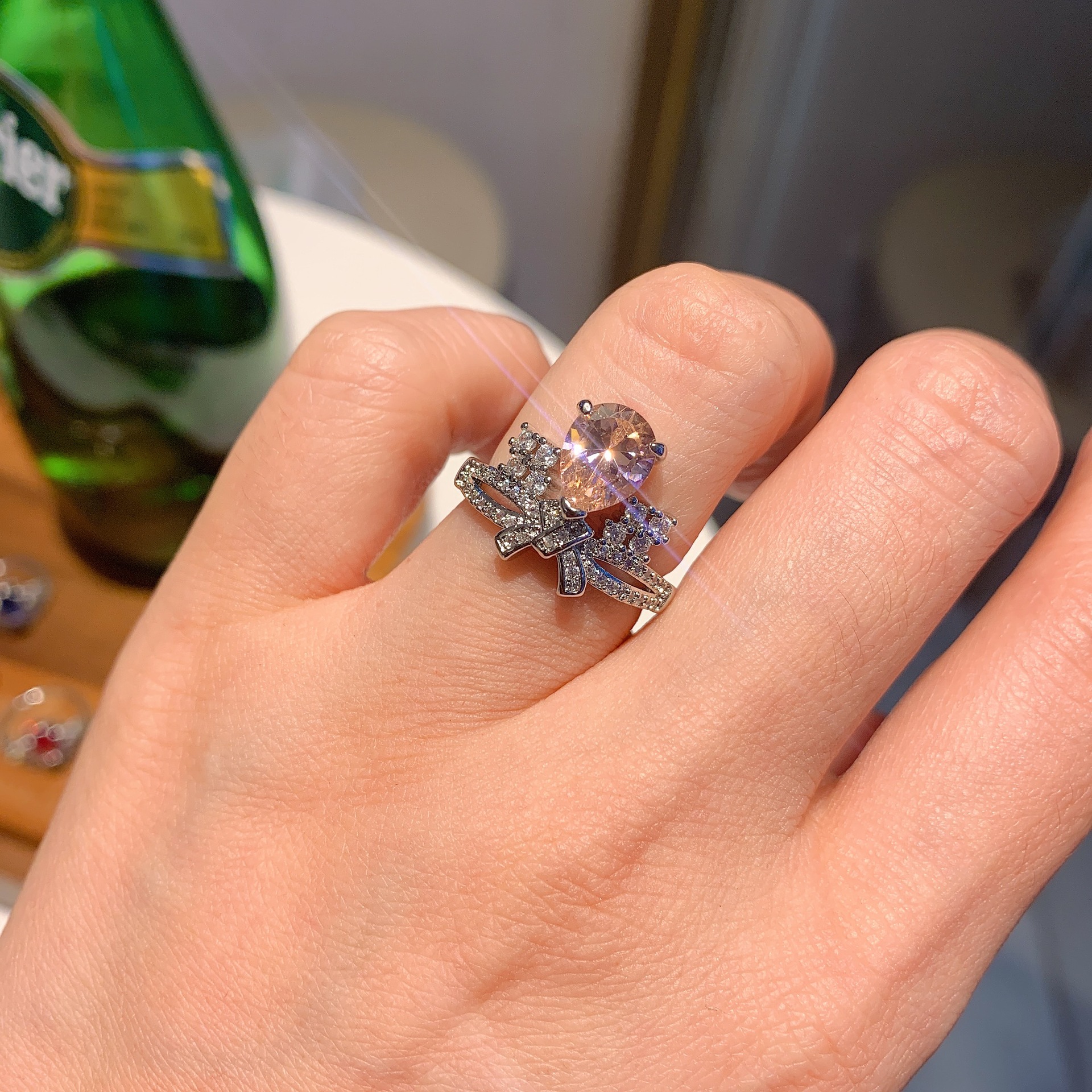 Retro Water Droplets Bow Knot Copper Gold Plated Rhinestone Rings 1 Piece