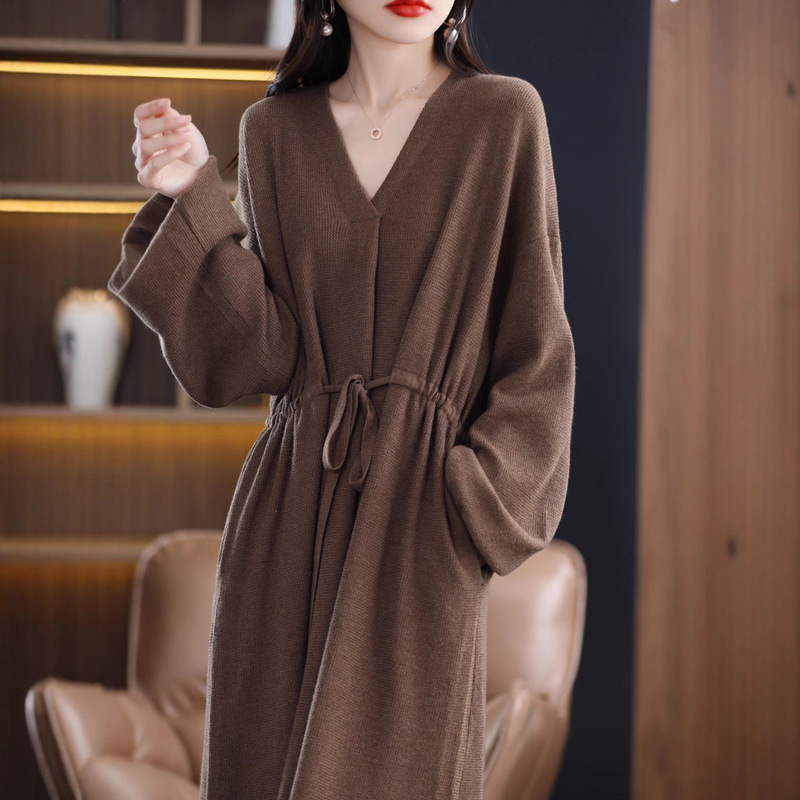 European Knitted Sweater Dress Women's V-Neck Loose Base Korean Style Mid-length Elegant Solid Color Knitted Sweater Dress for Autumn