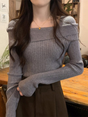 设计感一字肩针织衫女2025秋季新款打底衫内搭毛衣小众感上衣
