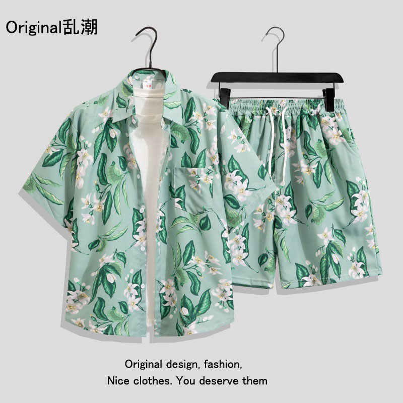 Shirt suit Men's Quick-drying Summer Short-sleeved Shirt Loose plus size Color Beach Shorts Couple's Two-piece Set Shirt suit Men's Quick-drying Summer Short-sleeved Shirt Loose plus size Color Beach Shorts Couple's Two-piece Set