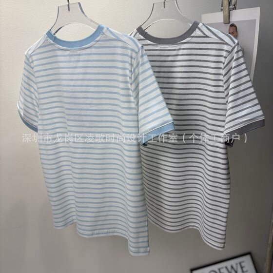 LINGE South Oil Women's Wear ~ Spring/Summer 2025 New Contrast Color Stripe Embroidered Cotton Short Sleeve T-shirt Age-reducing Jacket Women