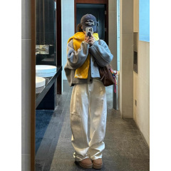 白色解构拼接慵懒风弯刀阔腿牛仔裤女秋宽松cleanfit拖地镰刀裤子