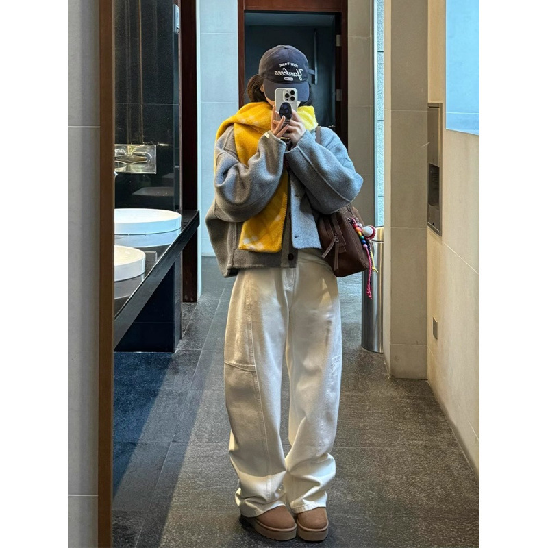 白色解构拼接慵懒风弯刀阔腿牛仔裤女秋宽松cleanfit拖地镰刀裤子|undefined
