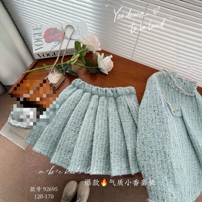 女童小香风套装2025春秋新款儿童洋气毛边粗花呢外套百褶裙两件套|undefined