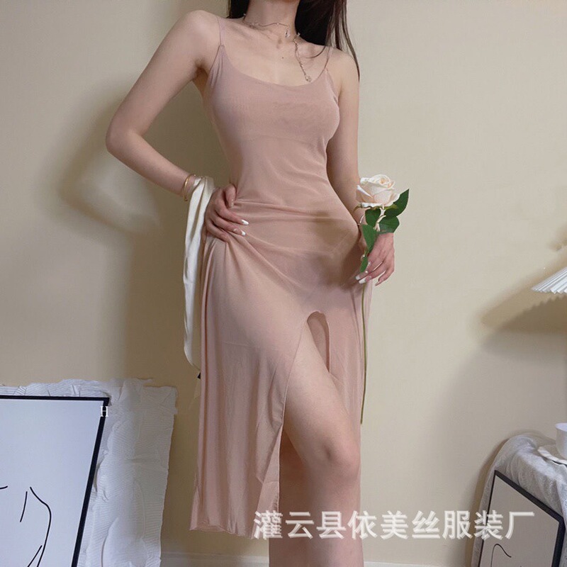 Man Desire Sex Underwear Women's Mesh Transparent Long Dress Pure Desire Sexy Pajamas Free of Split Sling Dress