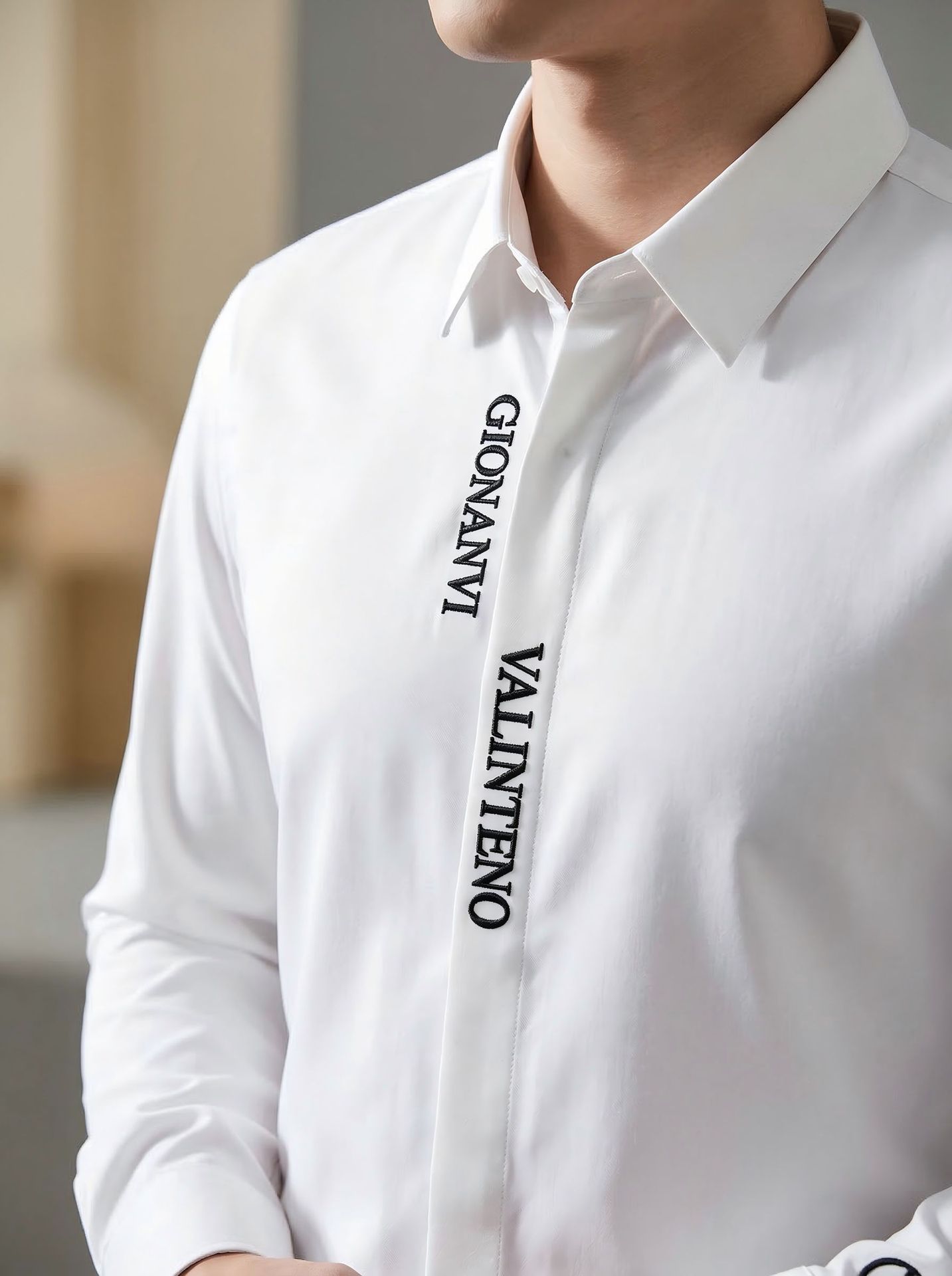 Camisa de manga larga de lujo ligero, sentido de alta calidad, delgado, productos europeos de alta gama, camisa de manga larga, puños de hombre, bordado en V redondo, lujo ligero, ropa de hombre guapa