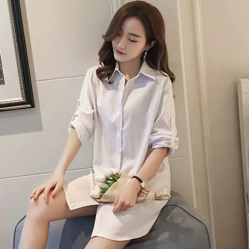 白衬衫女春秋新款长袖宽松韩版百搭大码女中长款BF打底衬衣寸女式