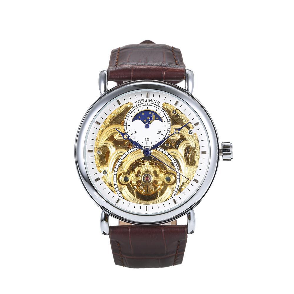 Forsining hombres de moda hueco-hacia fuera transparente reloj mecánico automático reloj de los hombres reloj de la correa ocasional