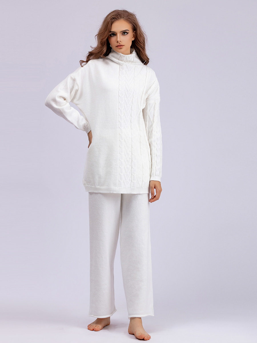 Damenbekleidung Herbst und Winter große Größe Rollkragenanzug Mode neue sanfte faule Stil Pullover zweiteiliges Set einfarbig gestrickt_voghion.com
