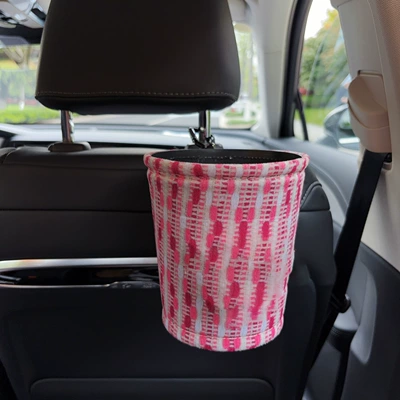 2-in-1, West Highland style, trendy car | Car tissue box/set - pink-fabric-trash-bin-clip-on-style
