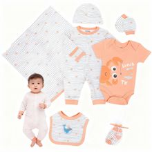 七件套新生儿纯棉连体哈衣礼盒套装婴儿哈衣夏季帽子毯子宝宝爬服