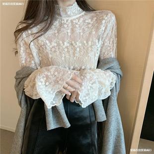 High-Neck Lace Bottoming Shirt for Women, Spring and Autumn Sweater with Mesh Top, High-End Western-Style Bell-Sleeved Top