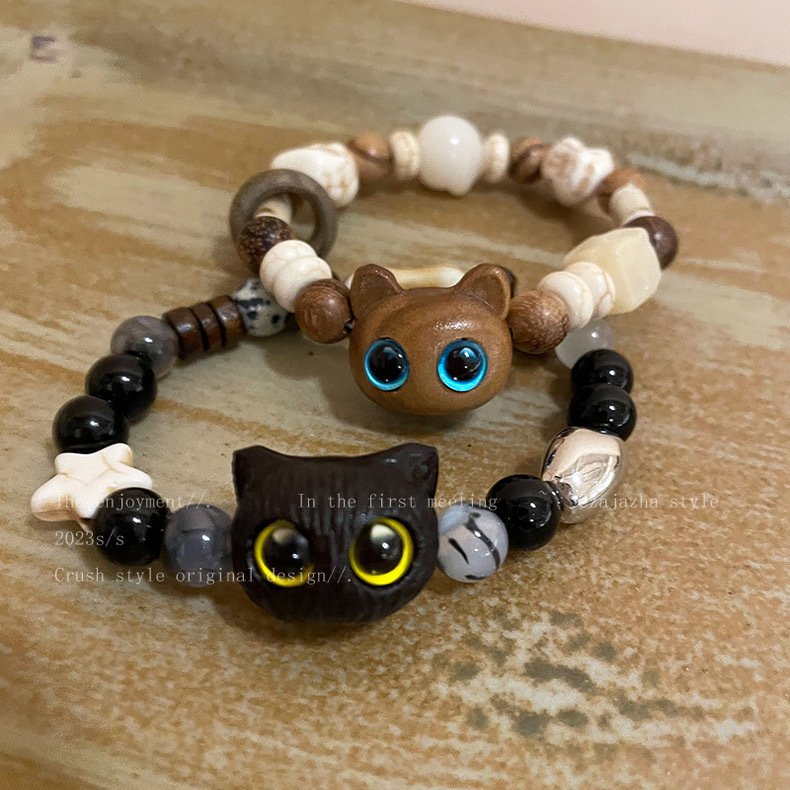 Cartoon Ebony Cute Cat's Claw Beaded Bracelet Bracelet Charcoal Burning Healing Bodhi Natural Stone Matching Style for Lovers