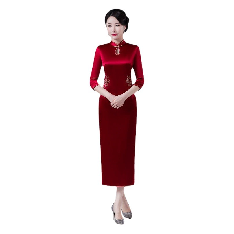 2022 новое ретро улучшенное длинное тяжелое ацетатное платье Чонсам с Вышивкой Модные свадебные тосты ежегодная встреча женщин