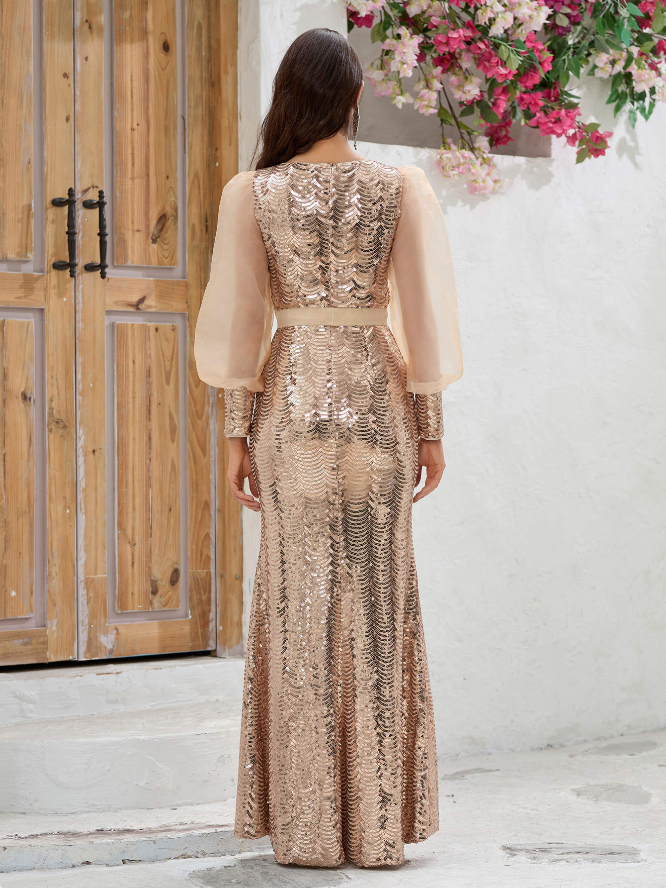 Women Prom Party Dress Sequined Stitching Mesh Long Sleeve Affordable Luxury Party Evening Dress