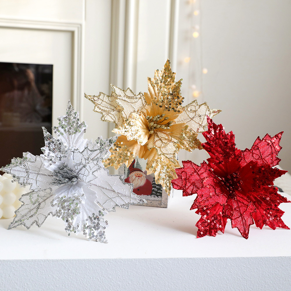 Cross-border Christmas flowers simulated Christmas tree decoration 20CM sequined flannel Christmas flowers wholesale