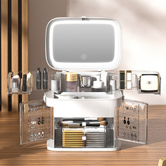 Trendy cosmetic storage box with dustproof design, featuring a covered desktop shelf for skincare products, makeup essentials, and jewelry—complete with a built-in mirror.