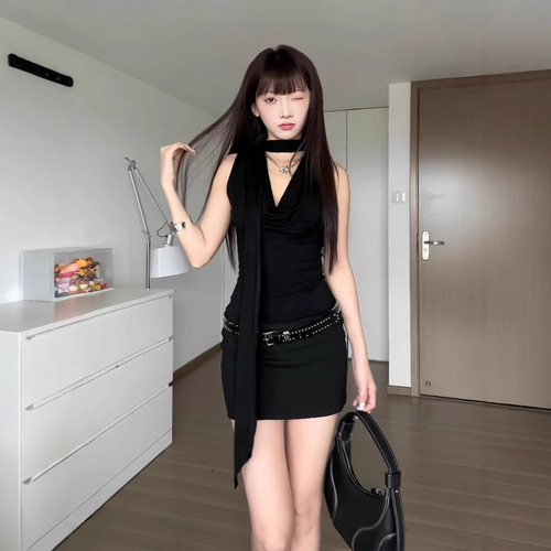 American style spicy girl swing dress for women, summer sexy black dress, mature style long-sleeved black bustier short skirt