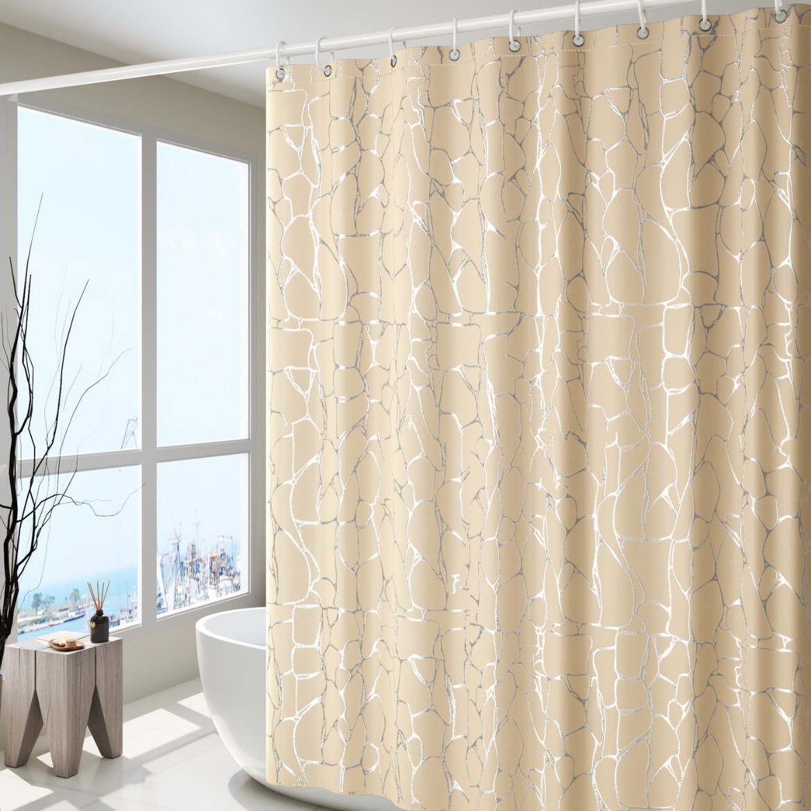 Rusia venta caliente de lujo ligero de alto nivel estampado de oro y plata estampado cortina de baño impermeable cortina de partición de baño cortina de baño sin perforación cortina de baño