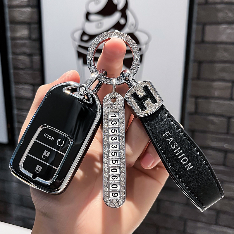 BT 키 G 모델 - 스마트 3버튼 [싱글 쉘 블랙] + 블랙 H 가죽 로프 다이아몬드 버클 + 실버 번호판