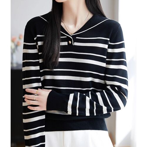 Navy Leader Cardigan Striped Hooded Loose Knitted Sweater Women Spring Autumn Color Block Base Knit Top Stylish Long Sleeve Top