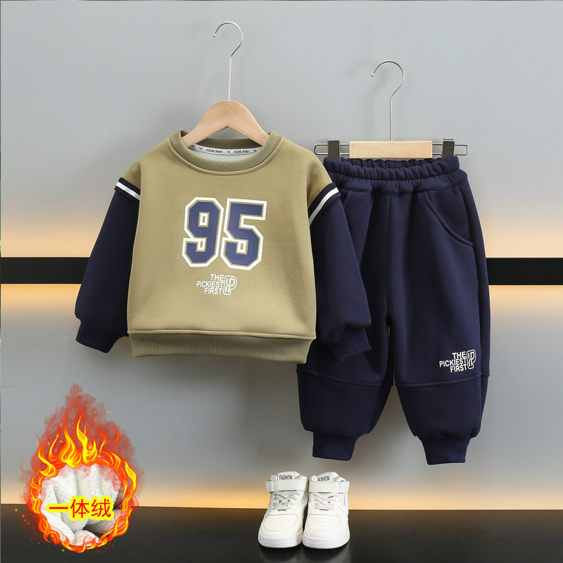 6662 traje de otoño e invierno para niños 2025 nueva ropa para niños más terciopelo engrosamiento de dos piezas ropa deportiva de invierno para hombres