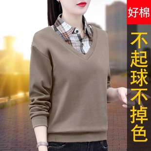 Lapel Short Fake Two-Piece Sweatshirt for Women 2025 Spring and Autum New Casual Fashion Elegant Age-Reducing Spring Top