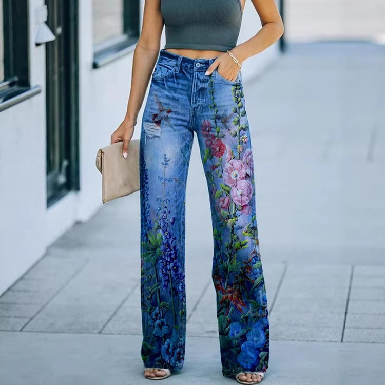 2026 Foreign Trade Cross-Border Aliexpress Ebay European and American Foreign Trade Plus-Size Women's Casual Pants Thin Imitation Denim Wide-Leg Pants