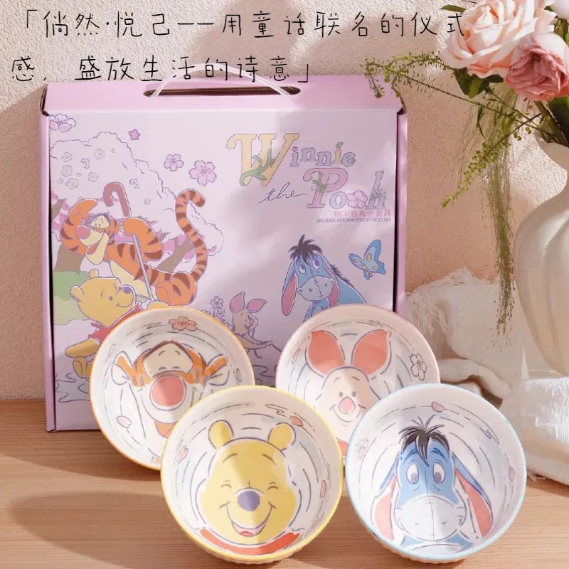 Tazón de arroz con patrón de agua de Oso Pooh de Disney Juego de caja de regalo de vajilla para el hogar de arroz de sopa infantil de alto valor bajo vidriado