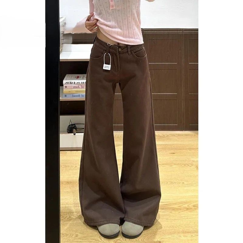 Brown Autumn New Style Flared Bootcut Jeans for Women, Street Style, Low-Waisted, Slimming, Loose Wide-Leg Floor-Length Pants